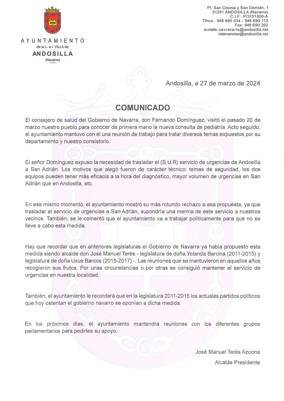 Comunicado de ayuntamiento de Andosilla
