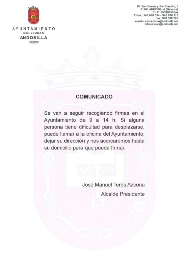 Comunicado del ayuntamiento - Recogida de firmas