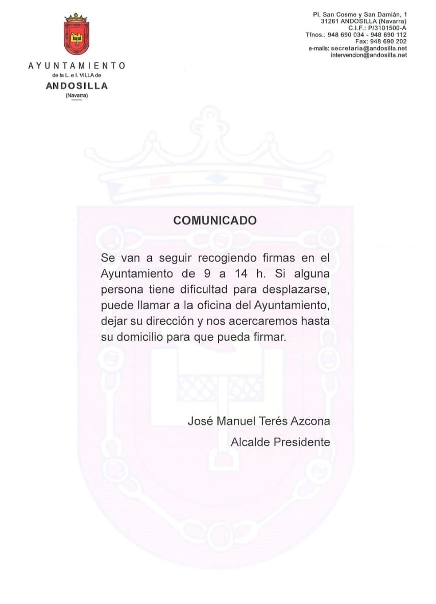 Comunicado del ayuntamiento - Recogida de firmas