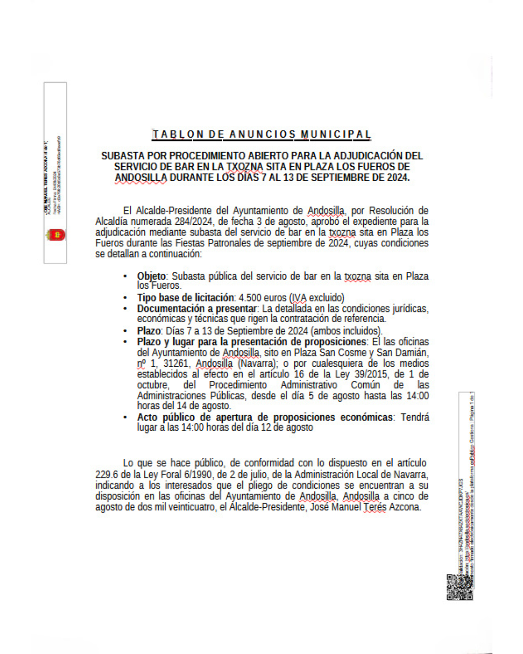 Subasta adjudicación txozna fiestas Andosilla 2024